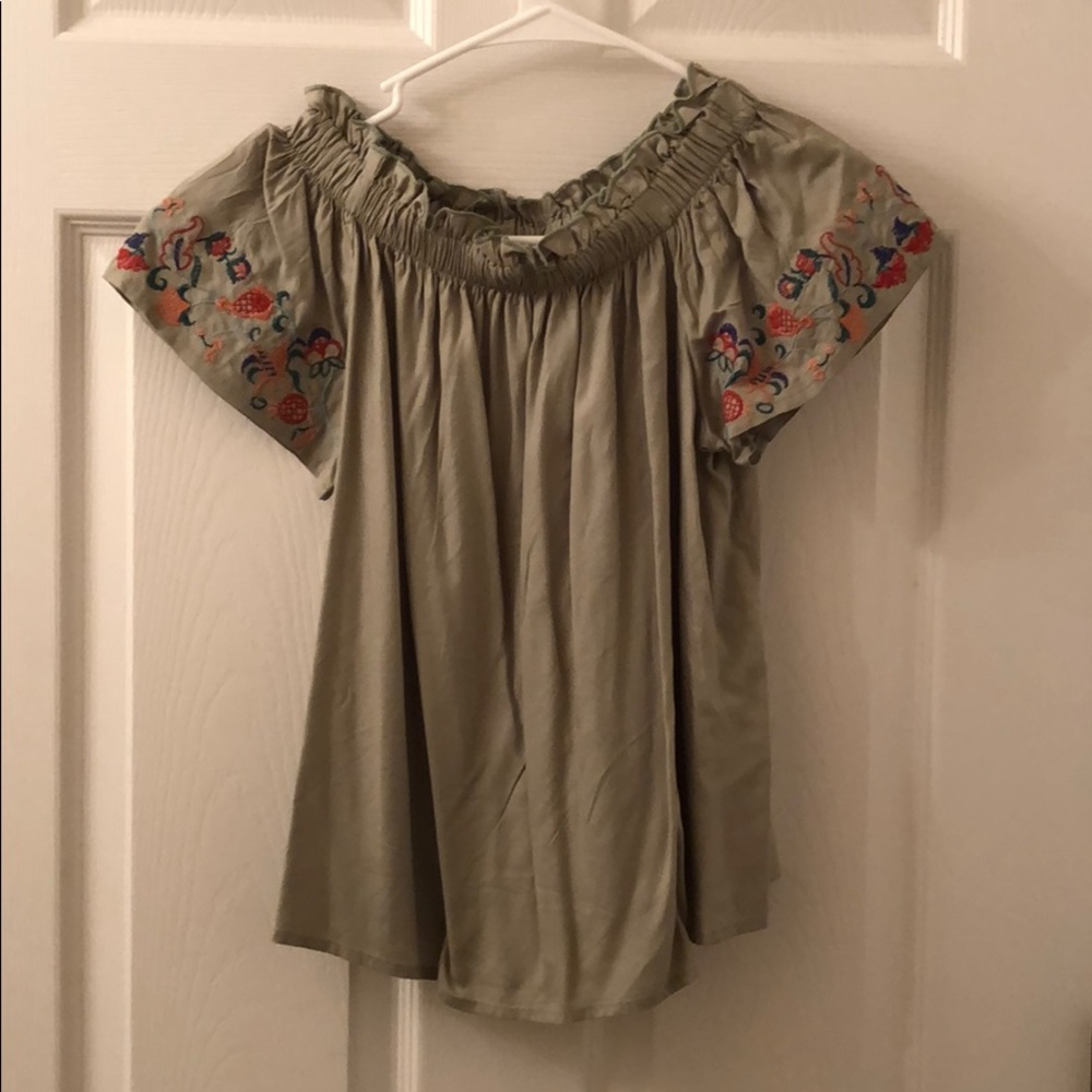 Olive green/floral detail off the shoulder top
